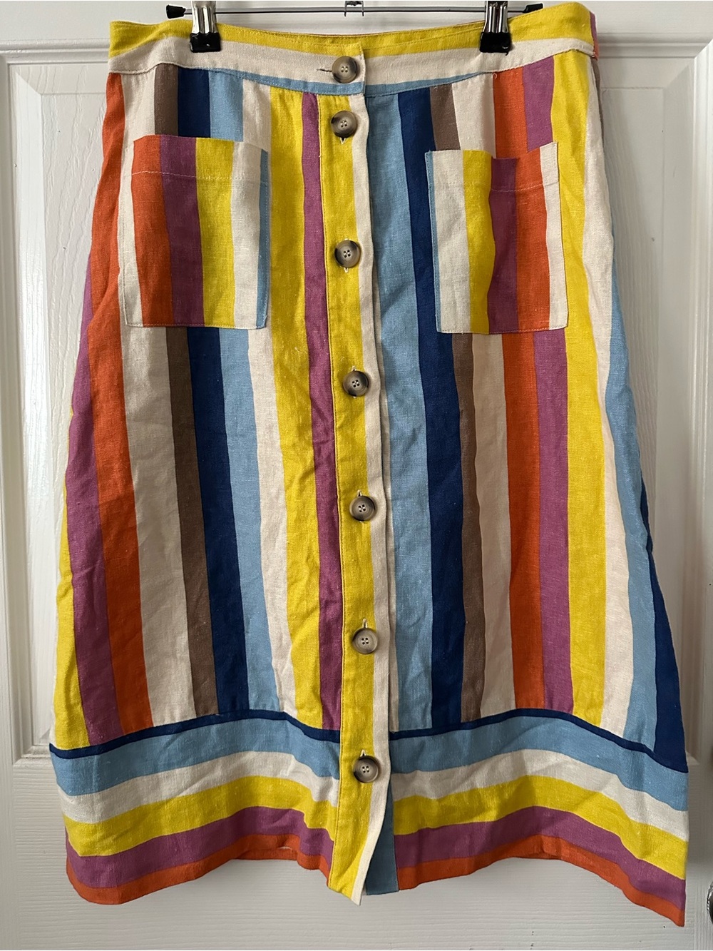 Gilli Striped Button-Front A-Line Skirt in Yellow, Blue, Orange & Purple